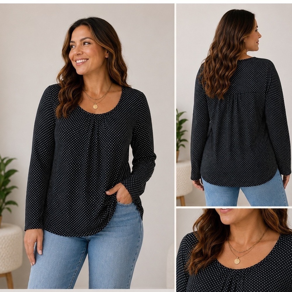 J. Jill Wearever Polka Dot Long Sleeve Top Black White Pleated Back Size Large